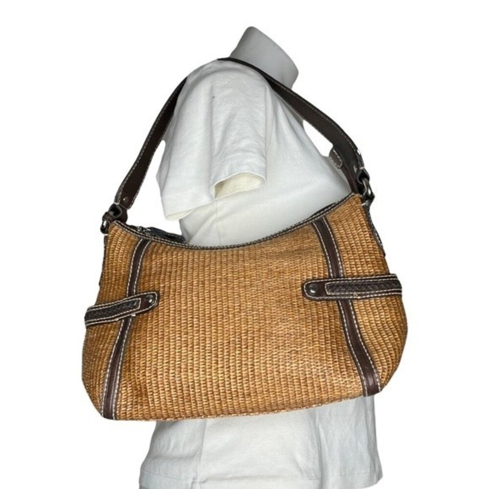 Fossil Woven Straw Shoulder Bag with Brown Trim
